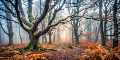 Enchanted Autumnal Woodscape Moss-Draped Trees and Golden Ferns Under a Misty Sky