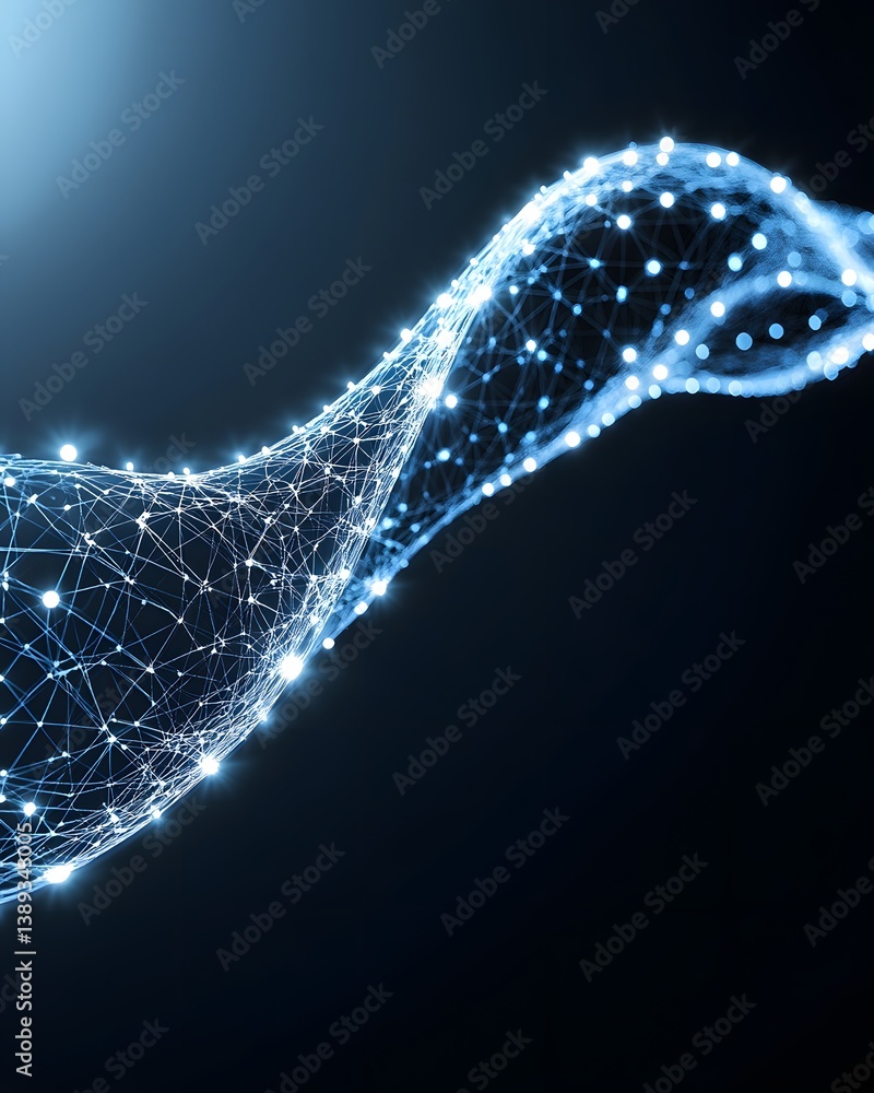 Poster predictive ai engine represented by flowing data curves, machine learning powering language model ac