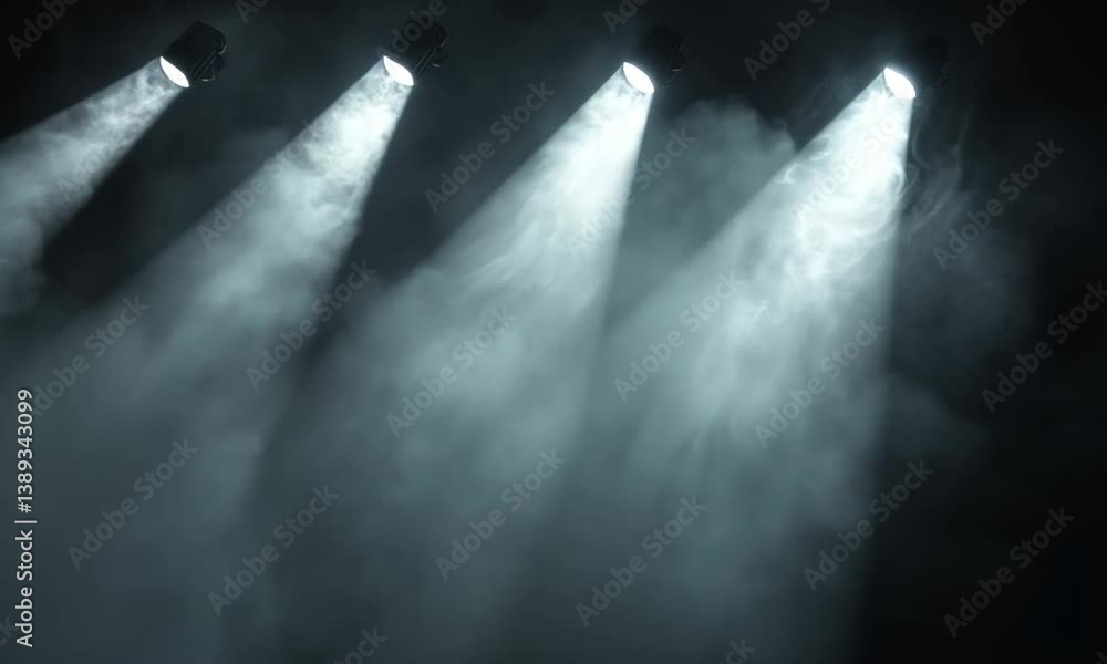 Poster four diagonal spotlights in a black void forming soft light halos in an abstract video with intense 