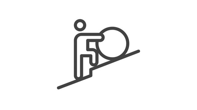 Animated outline icon. Business soft skills collection. Persistence man with ball on hill symbol. Black color on white background with alpha channel. Simple reveal and disappear animation.