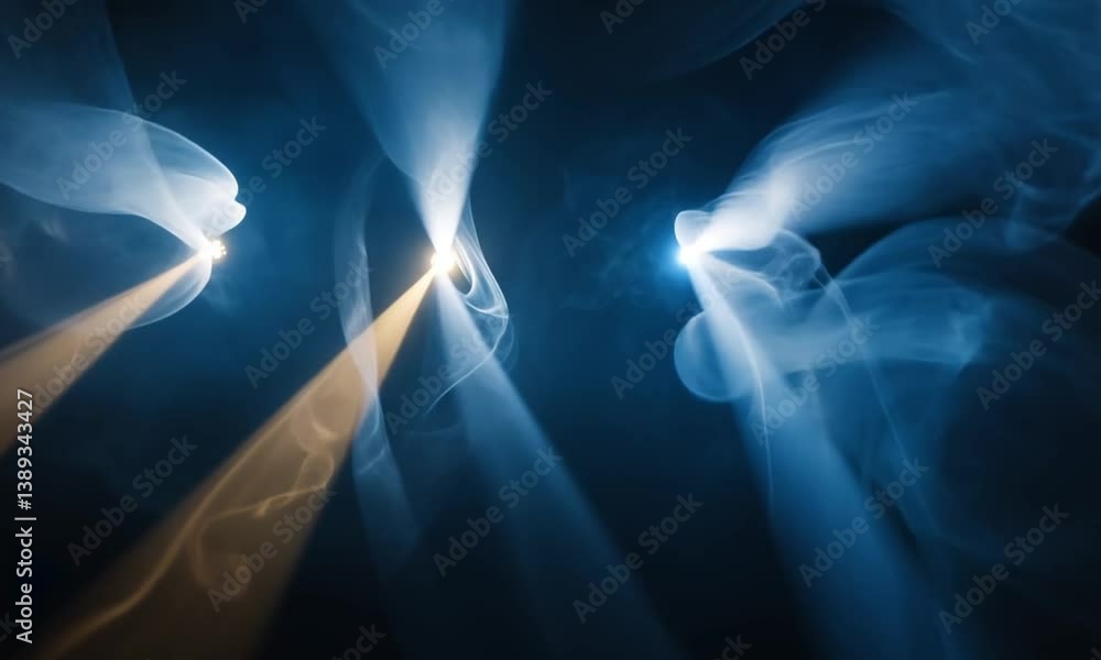 Poster a stunning abstract video with four intense spotlights creating diffused halos of light in a black v