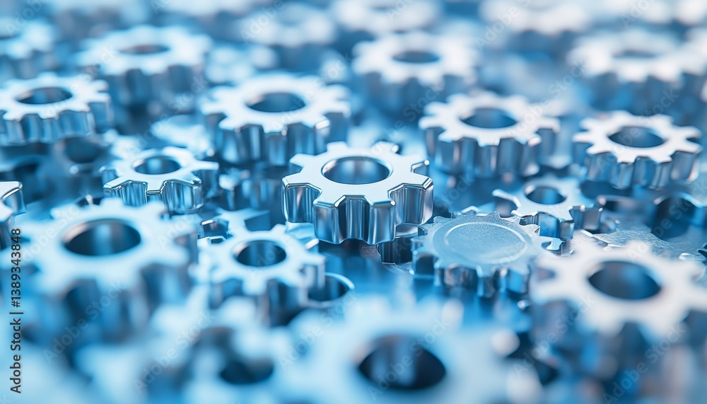 Poster seamless pattern, metallic silver gears interlock in a network illustrating efficiency, 3d render