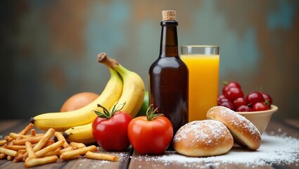 Variety of food and drinks on wooden table: promoting healthy eating habits