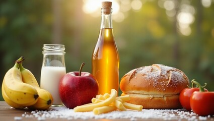 Various foods resting on a wooden table outdoors at sunset, promoting healthy eating habits
