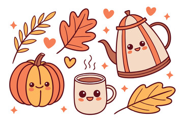 127 Cute autumn stickers, kawaii fall elements, pumpkins with faces, colorful leaves, teapot character, coffee mug, acorn cup, warm colors, orange and brown tones, heart shapes, sparkles, cartoon styl