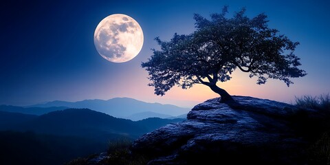 Full moon over mountains with tree on a rock at night. Perfect for nature and serenity visuals