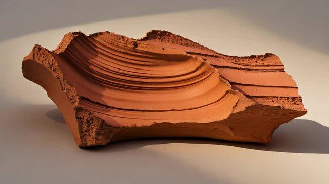 a broken piece of reddish-brown terracotta or clay material with a rough, uneven surface and visible ridges_g_1_4_1.png