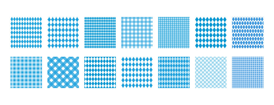 Oktoberfest seamless patterns set. Bavarian print. Dirndl pattern set. Bavarian pattern with blue and white rhombus, diamonds. Checkered, plaid wallpaper. White and blue backgrounds for beer festival.