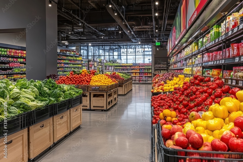 Poster vibrant grocery store aisle showcases colorful fresh fruits and vegetables arranged in an inviting a