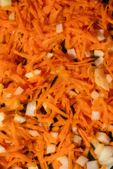 Freshly grated carrots mixed with diced onions, perfect for healthy salads, vegan meals, and summer picnics, vibrant texture
