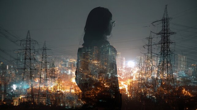 Silhouette with Electric Power Grid Overlay in Urban Nightscape
