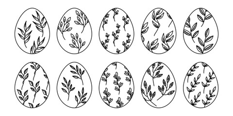 Set of simple outline Easter eggs. Simple illustration for Easter - ornamented eggs isolated on white background. Spring illustration, eggs with leaves set for greeting cards, patterned elements.