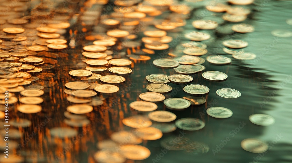 Poster double exposure of financial graph with rows of coins in focus
