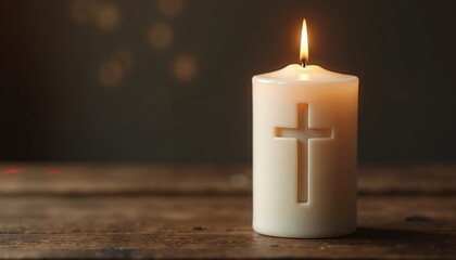 Lit candle with a cross symbol on a wooden surface, tranquil and spiritual, with copy space
