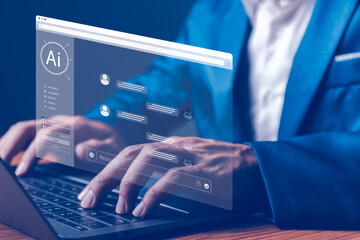 Man's hands used laptop, with Live Chat online communication and customer service technology, Chat...