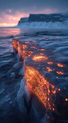 Fototapeta premium Ancient glacier with embedded fossils, glowing light symbolizing evolution, Earth landscape in soft focus.