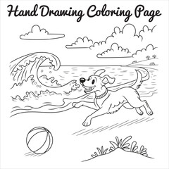 Hand-drawn beach scene with a dog running and playing in the sand