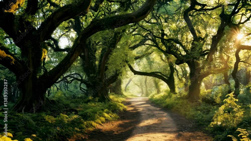Aufkleber enchanting forest path with sunlight filtering through twisted trees, captured from a low angle, evo