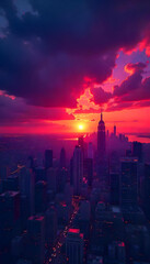 Obraz premium Dark liquify background with flowing, abstract textures; a gradient sunset outlining a city's skyline, blending warm tones of orange, pink, and purple seamlessly into the scene.
