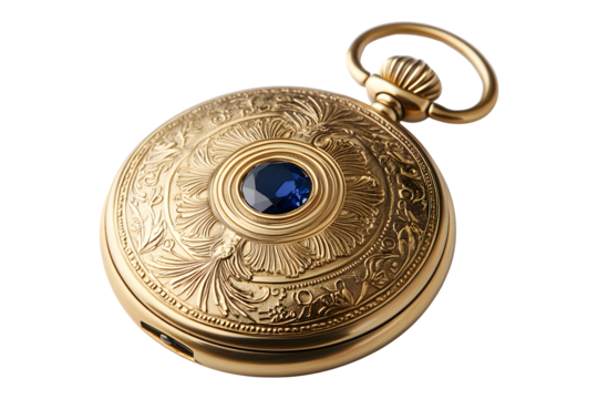 Vintage golden pocket watch with a sapphire gem isolated on transparent background