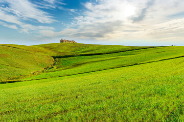 spring or summer nature farm landscape with green salad grassland hills and beautiful cloudy ske on baclground. Farming landscape in spring or summer field