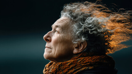 Elderly person reflecting on memories with holographic thoughts merging into the sky at dusk