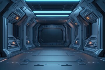 Obraz premium A Futuristic Interior Corridor With Illuminated Panels and Details