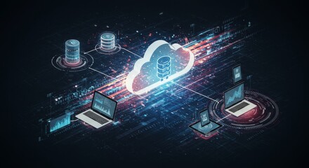 Cloud Computing Network Data Storage - illustration depicting cloud computing infrastructure, showcasing data storage and transfer between various devices