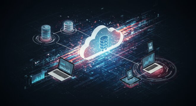 Cloud Computing Network Data Storage - illustration depicting cloud computing infrastructure, showcasing data storage and transfer between various devices