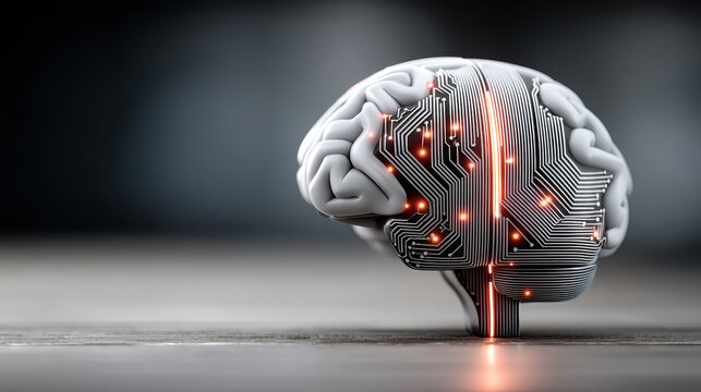 Futuristic AI brain with circuits integrating with a quantum computer core in a high-tech lab setting