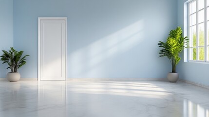 Fototapeta premium Empty Room Plants and Door Minimalist Bright Lighting Wide Shot Reflective Floor Serene Design Interior Design Pale Blue Tones Ideal for Real Estate Listings