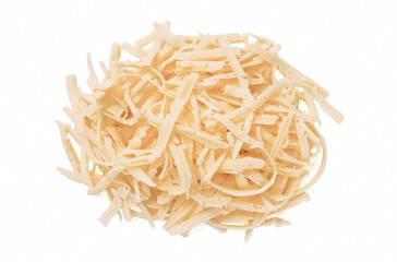 Heap of grated delicious cheese on white background