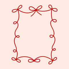 Frame of coquette pretty charming red bow ribbon. Hand drawn trendy minimalist border. Vintage bowknot frame for greeting cards, wedding, invitations, social media. Line art