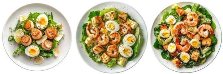 Seared Scallops and Grilled Shrimp Salad with Boiled Eggs and Croutons.