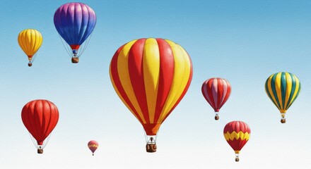 Colorful Hot Air Balloons Ascending - Symbolizing adventure, freedom, travel, dreams, and wonder; vibrant hot air balloons float against a clear blue sky