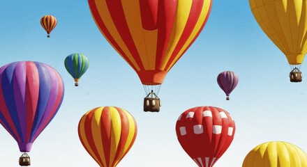 Obraz premium Colorful Hot Air Balloons Soaring High - Multiple vibrant hot air balloons float against a clear blue sky, creating a joyful and adventurous scene