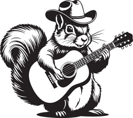 Squirrel Playing Guitar Black and White Vector Illustration