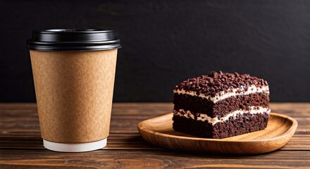 Paper cup of coffee and cake on the table