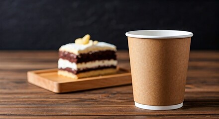 Paper cup of coffee and cake on the table