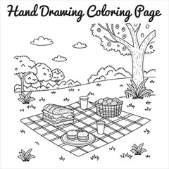 Hand-drawn picnic scene with sandwiches and drinks under a tree