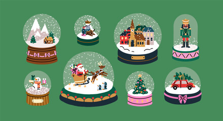 Snow globes set. Christmas glass balls. Winter holiday bubbles, transparent orbs, snowglobes with Xmas fir tree, festive car, santa on sleigh, snowman, tiny city inside. Flat vector illustration