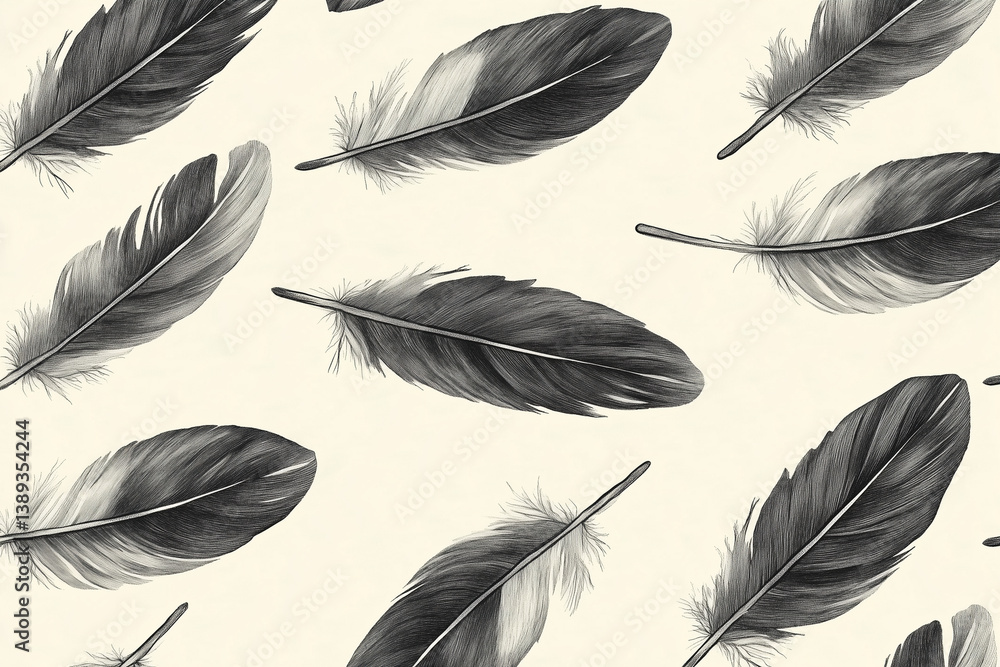 Poster hand drawn seamless pattern of whimsical feathers in black and white, creating delicate and artistic