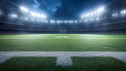 vibrant rugby stadium at night, showcasing bright floodlights illuminating lush green field, creating exciting atmosphere for fans