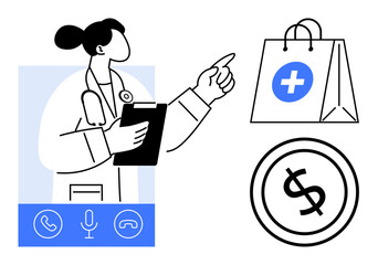 Doctor with clipboard pointing at medical bag and currency symbol with communication icons below. Ideal for telemedicine, healthcare services, online consultation, medical shopping, digital health