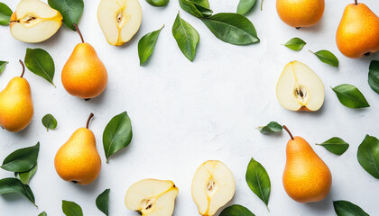 Obraz premium Fresh pears and green leaves on white background