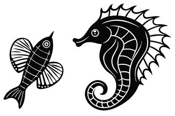 Sea horse and fish outline vector art illustration design, simple objects isolated on white background. Hand drawn coloring page.