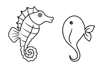 Sea horse and fish outline vector art illustration design, simple objects isolated on white background. Hand drawn coloring page.