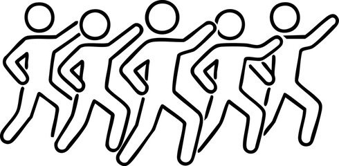 Diversity in Exercise & Wellness aerobics concept. Line of stylized figures in dynamic poses suggesting movement and togetherness.