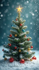 Obraz premium Christmas tree with creative ornaments and a star on top, surrounded by falling snowflakes for a magical winter scene