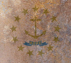Rhode Island State Flag. Dirty Rhode Island state flag on rusty metal surface.